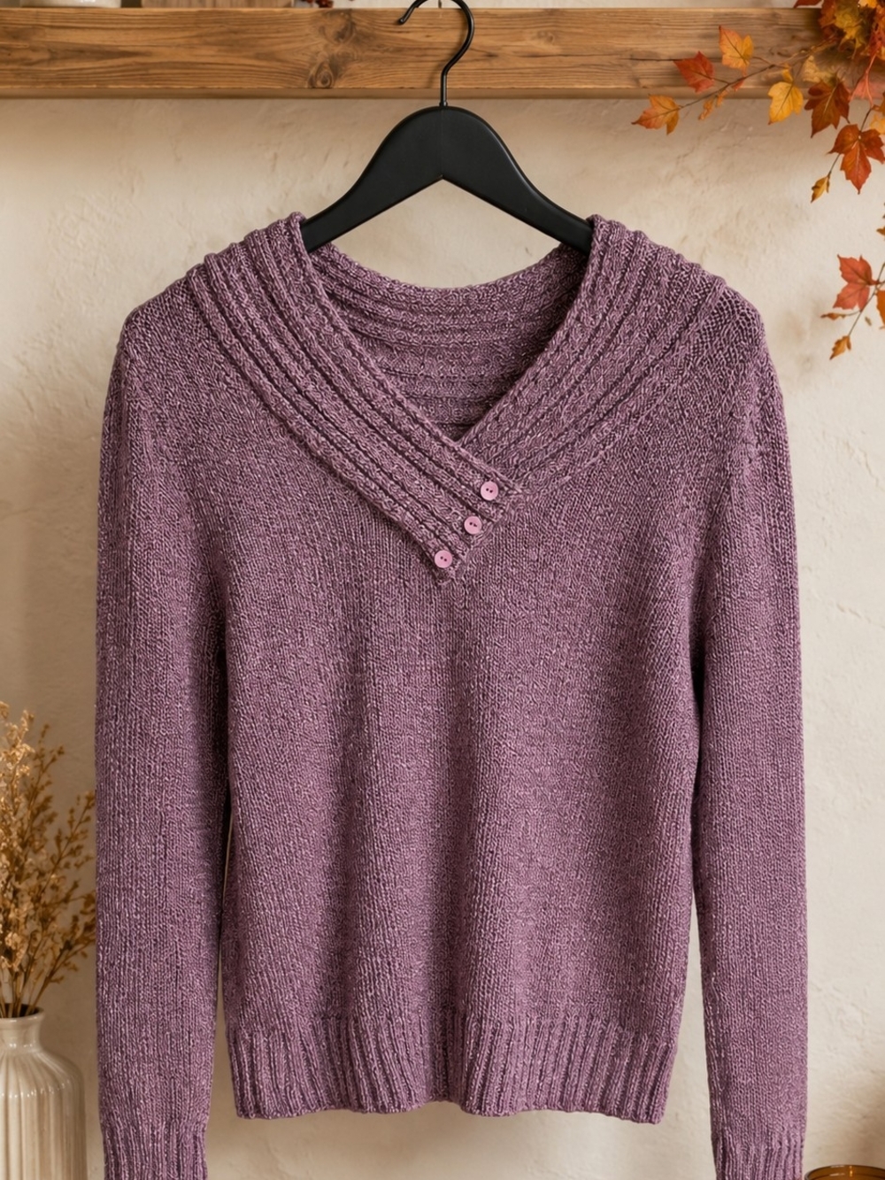 Carolyn Taylor Lavender Ribbed Shawl Collar Sweater with Button Accent